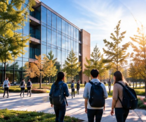Students walking across a university campus