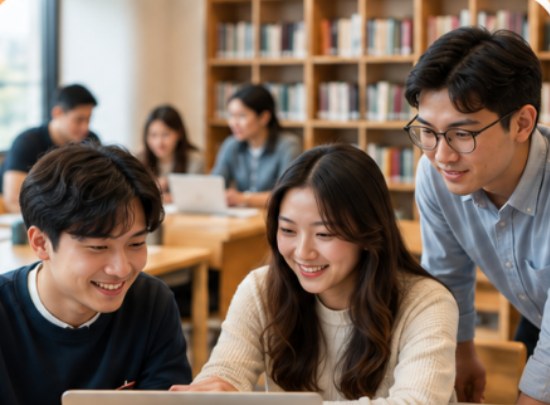 Students collaborating around a laptop in a library