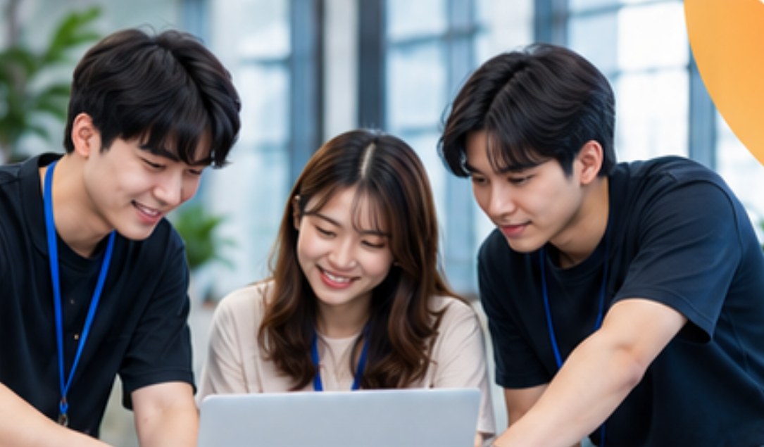 Interns collaborating at a laptop